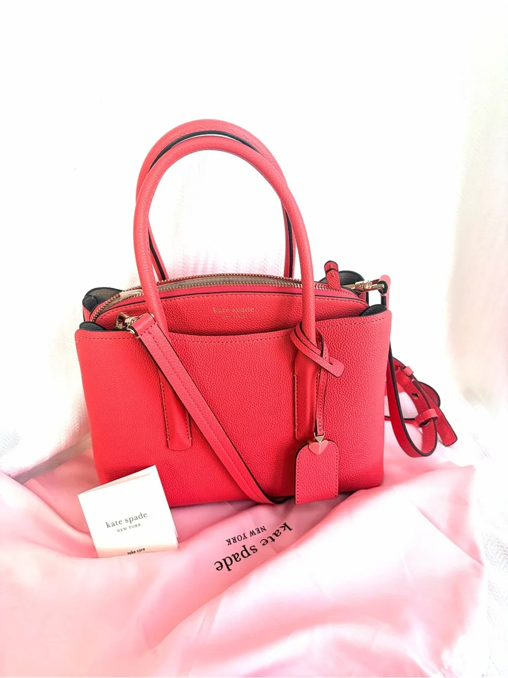 kate spade Margaux Coral Pink Pebbled Leather Satchel with Removable Strap